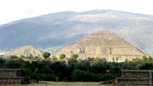 The Pyramid of the Moon (left) and the pyramid of the Sun photographed from the Temple at Quetcalcóatl, about two miles distant.